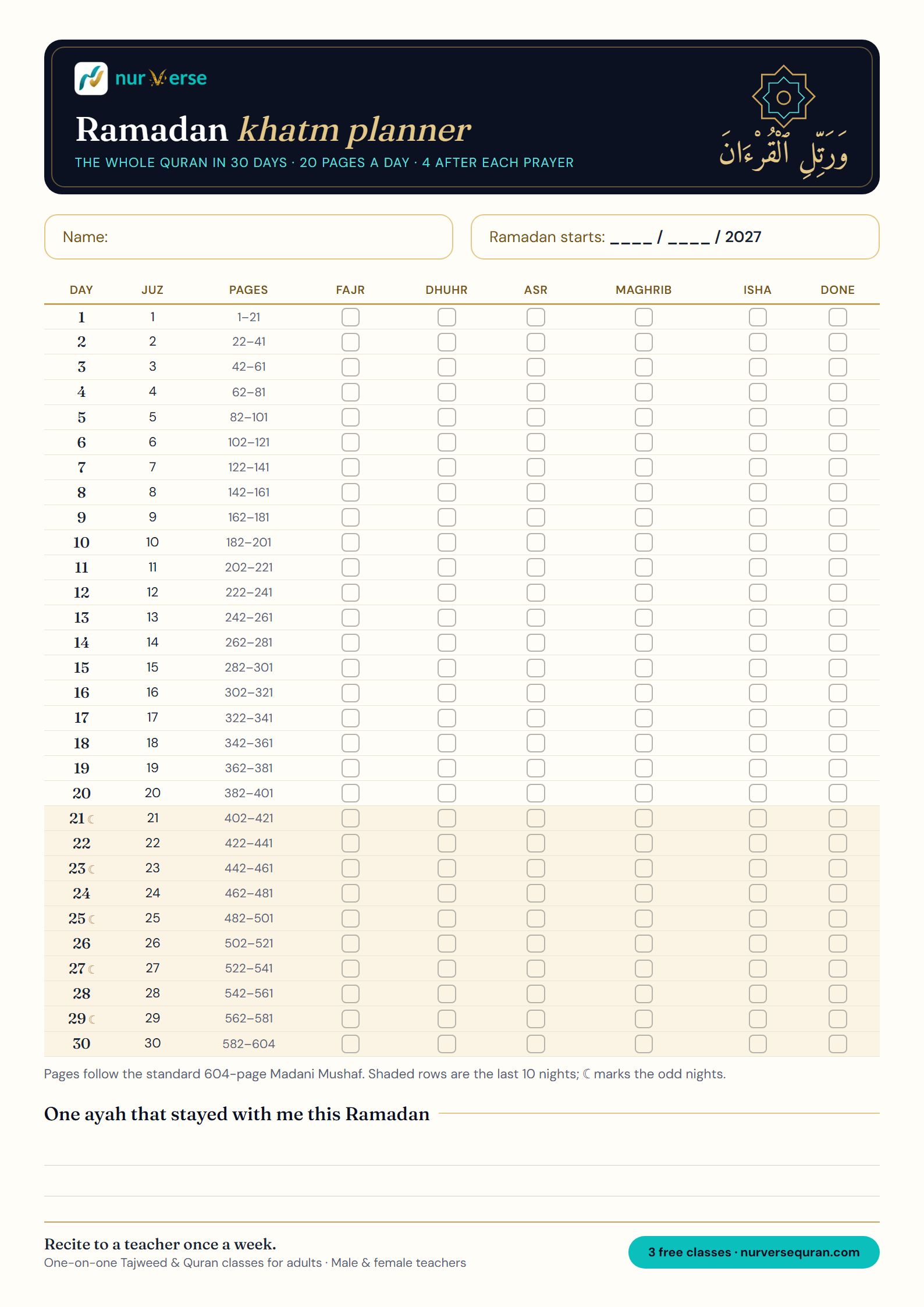 Adults page of the Ramadan Quran planner with a 30-day table of juz, page ranges and tick boxes for each prayer