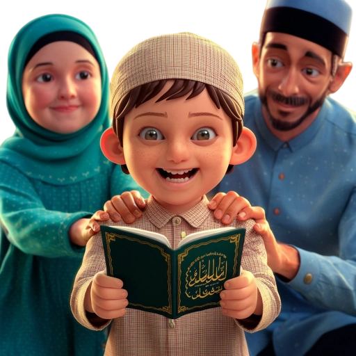 A Muslim Boy Holding a Quran with Father and Mother