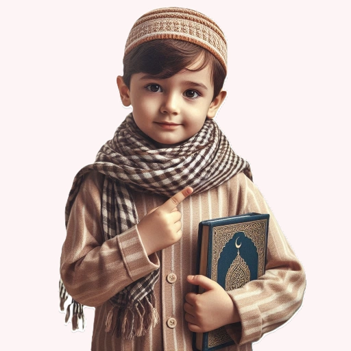 A Muslim Boy Pointing with Holding Quran