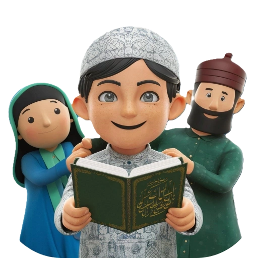 A kid holding quran with parents